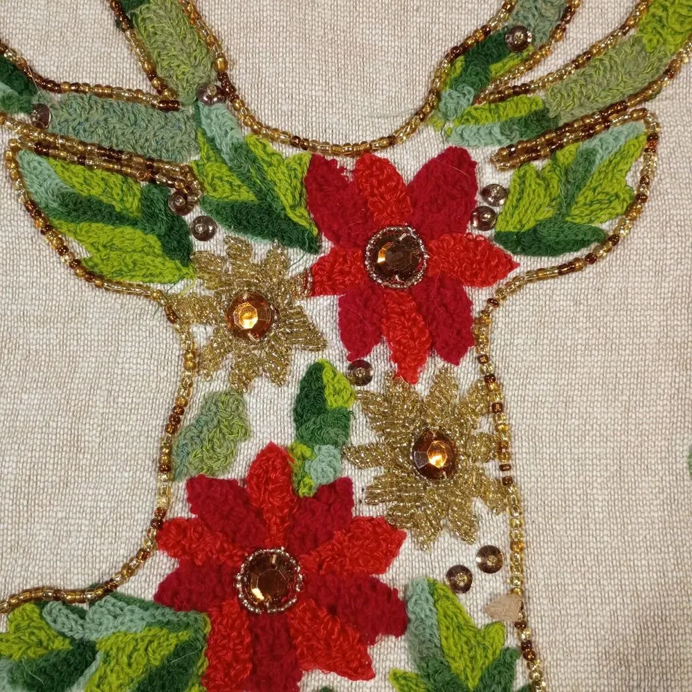 PIer One Christmas Mantle Scarf Reindeer Poinsettia Beaded Drape Runner